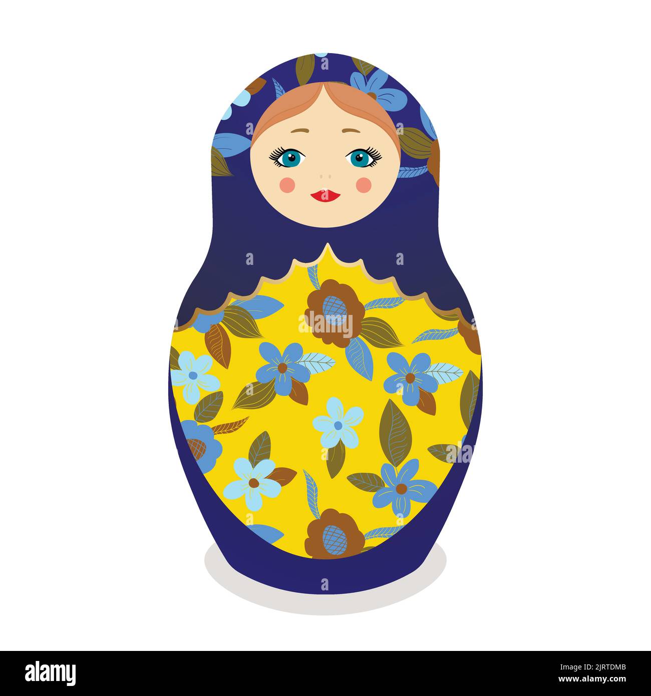 Matryoshka russa. Bambole folcloristiche russe tradizionali con occhi e labbra grandi. Bambola Babushka con hohloma, motivo floreale tradizionale dipinto. Mano Illustrazione Vettoriale