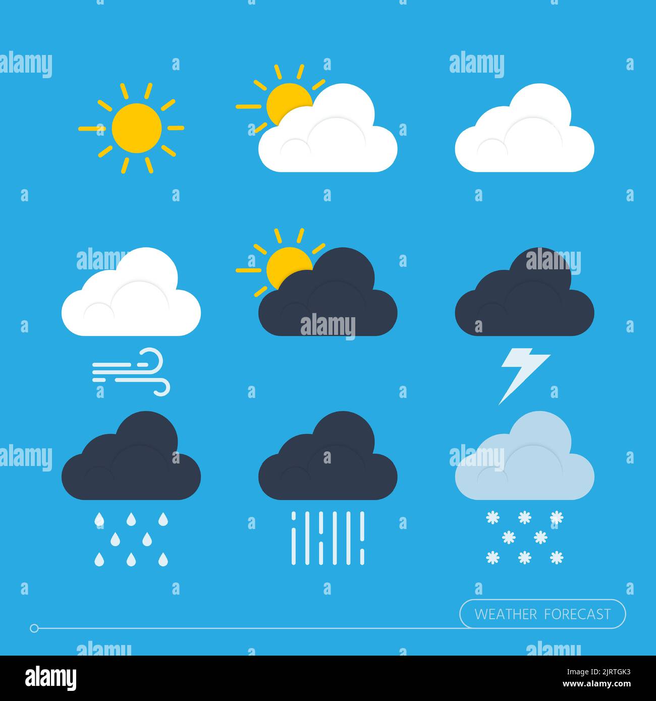 L'icona delle previsioni meteo impostata. L'illustrazione vettoriale di nove diverse icone è isolata su sfondo blu. Linee modificabili. Illustrazione Vettoriale