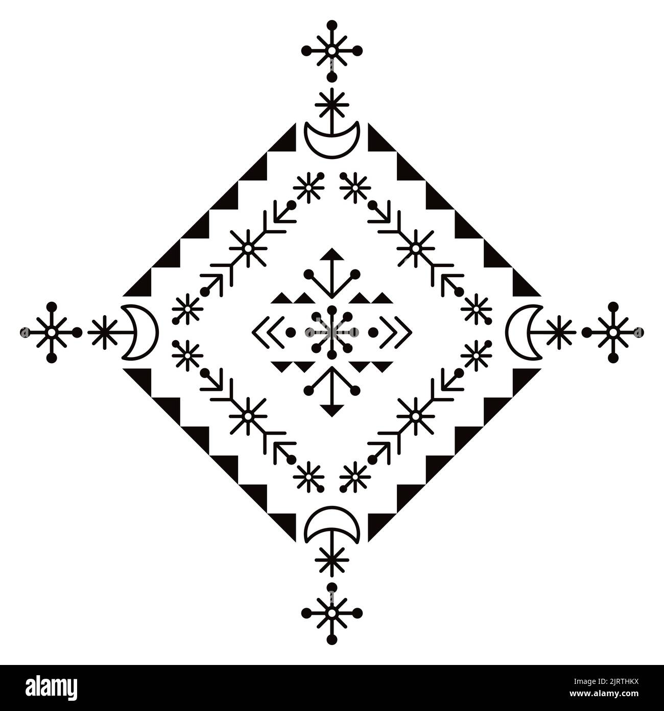 Design d'arte tribale in stile islandese rune folk con lune, fiori e forme geometriche Illustrazione Vettoriale