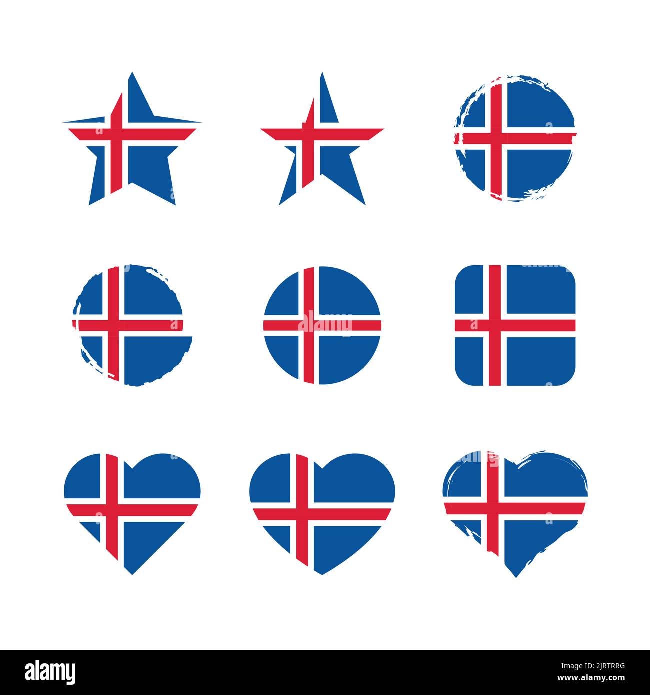 Iceland Vector Circle and Heart flag set. Bandiere di bollo con spazzola a secco islandese e effetto grunge. Illustrazione Vettoriale