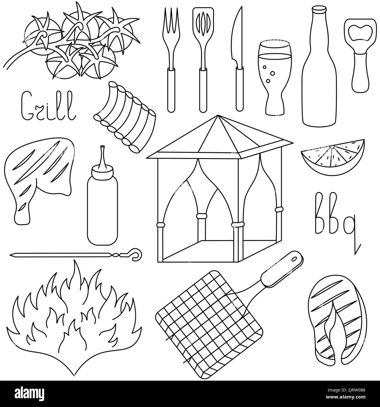 Picnic, barbecue. Schizzo. Collezione di illustrazioni vettoriali per attività ricreative all'aperto. Barbecue. Baldacchino, griglia alla griglia, pomodori ciliegini, coscia di pollo Illustrazione Vettoriale
