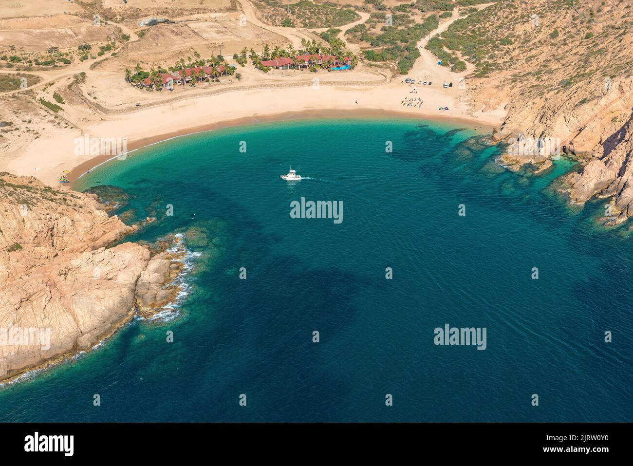 Veduta aerea di Bahia Santa Maria, resurt sulla costa vicino a Cabo San Lucas, Baja Califonia, Messico Foto Stock