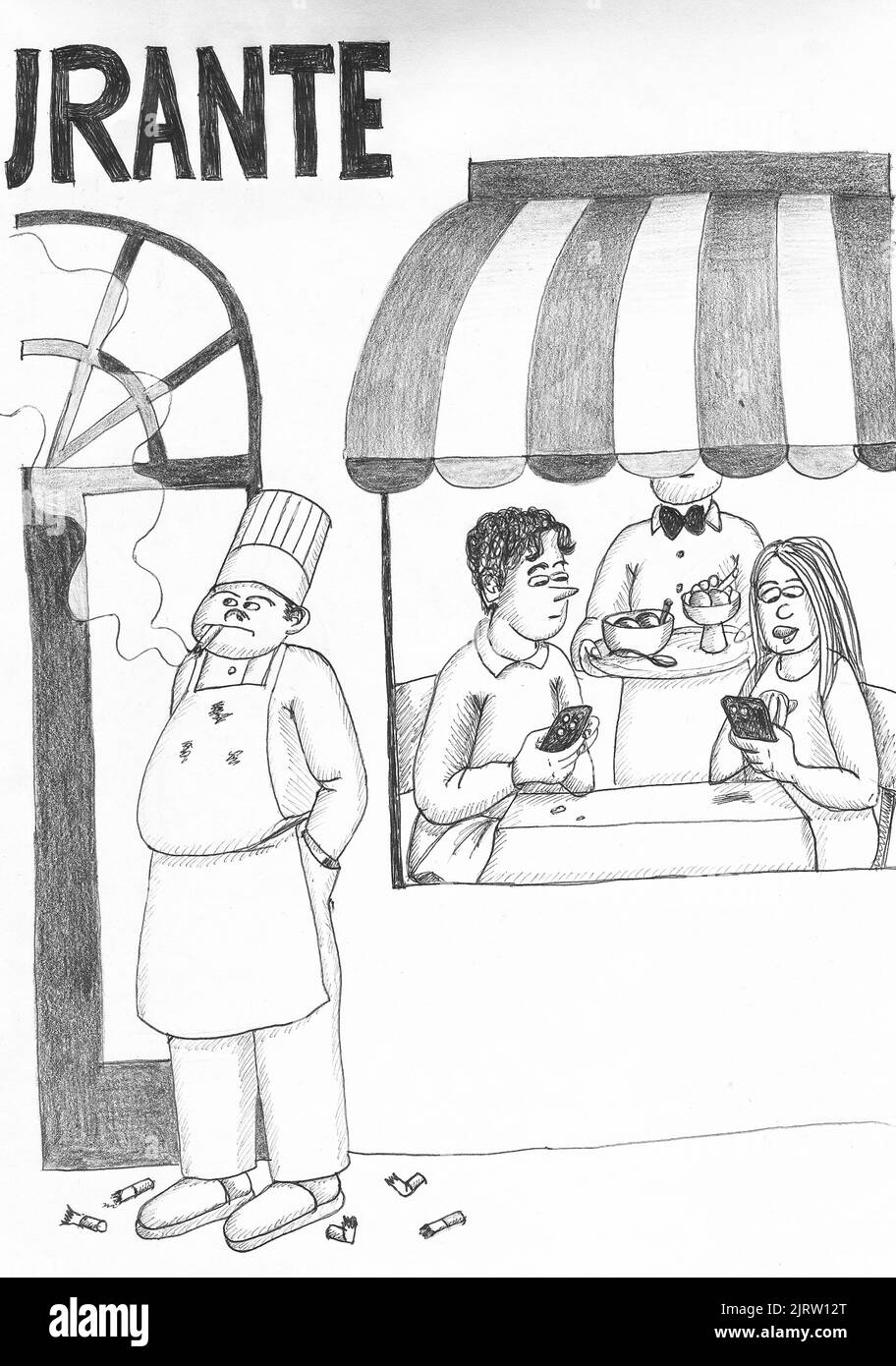 Lo chef fuma all'ingresso di un ristorante. Illustrazione. Foto Stock