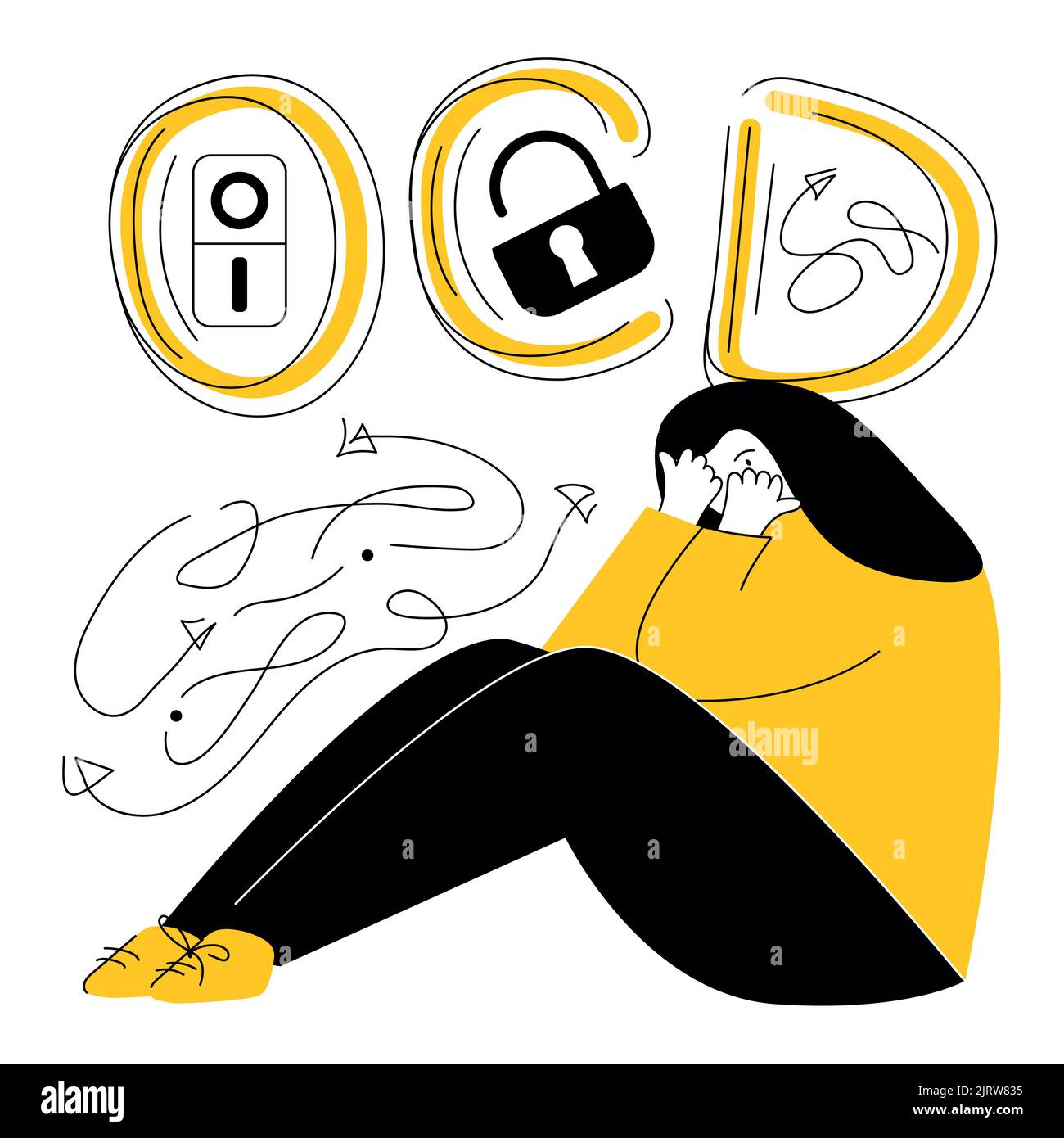 Le donne hanno sindrome disturbo ossessivo compulsivo, paura e pensieri intrusivi. Illustrazione vettoriale con la scritta OCD e sintomi disturbi da neurosi Illustrazione Vettoriale