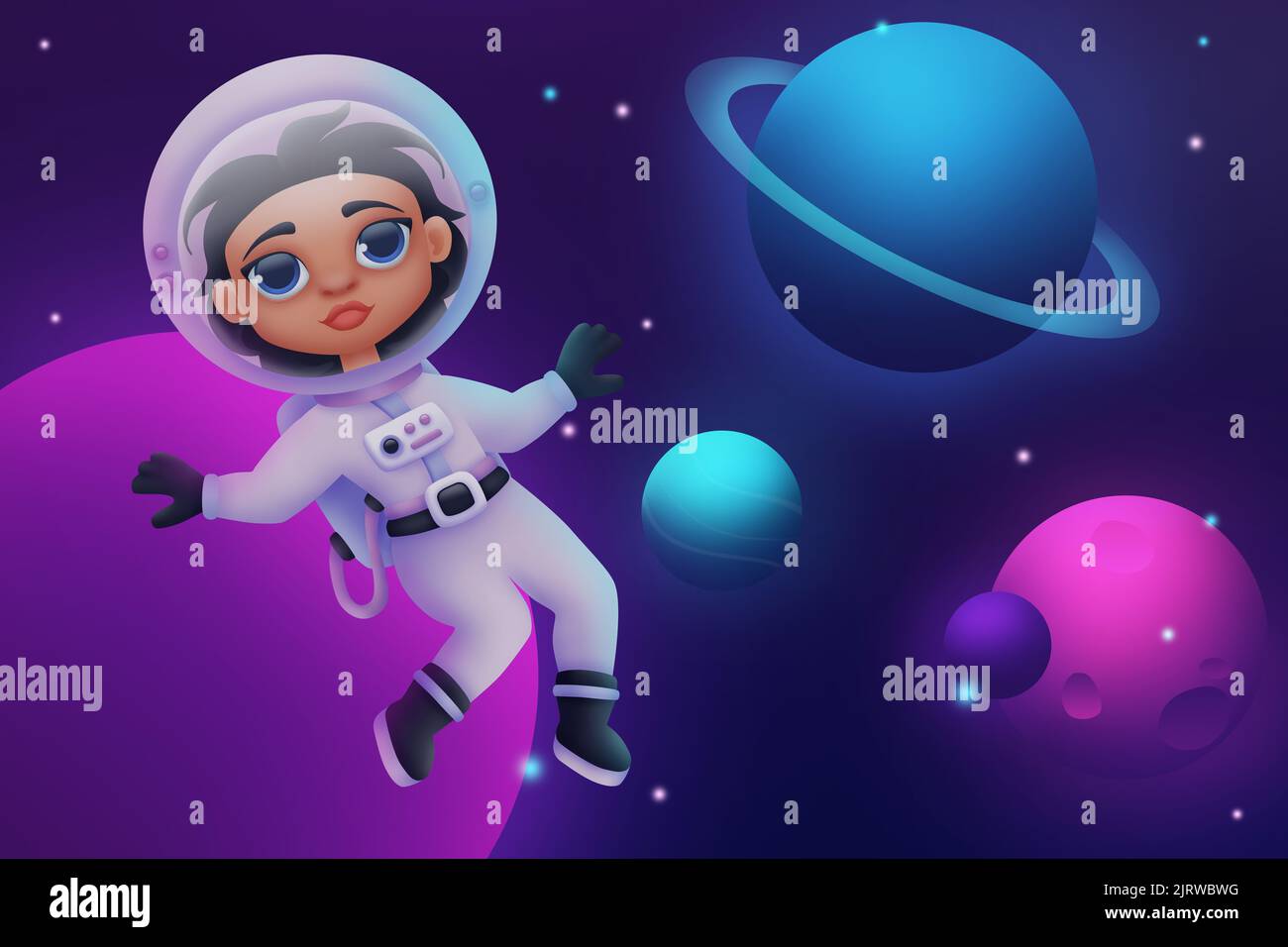 Astronauta donna nello spazio. Illustrazione digitale. Foto Stock