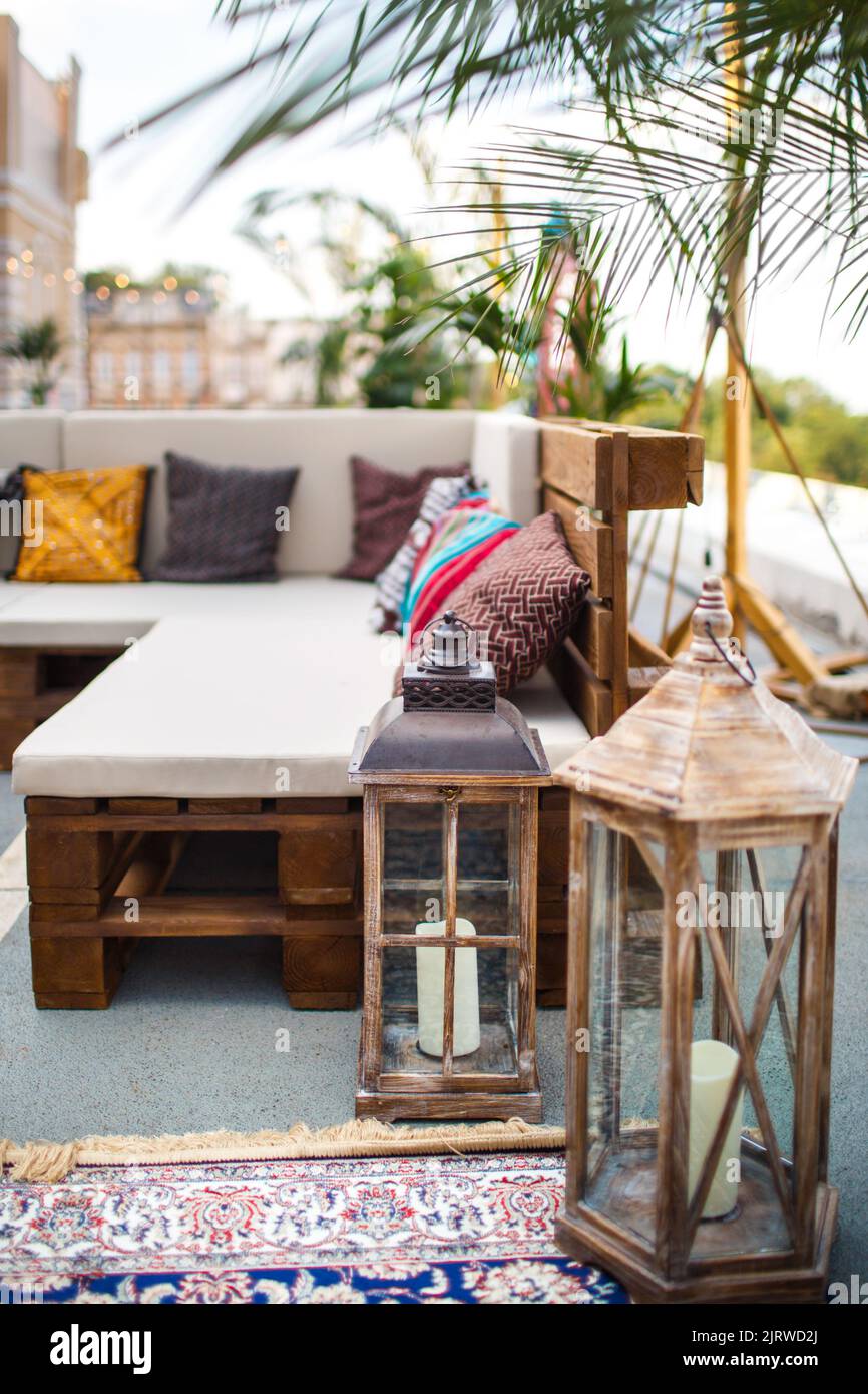 Area foto decorata in occasione di una festa di nozze Foto Stock