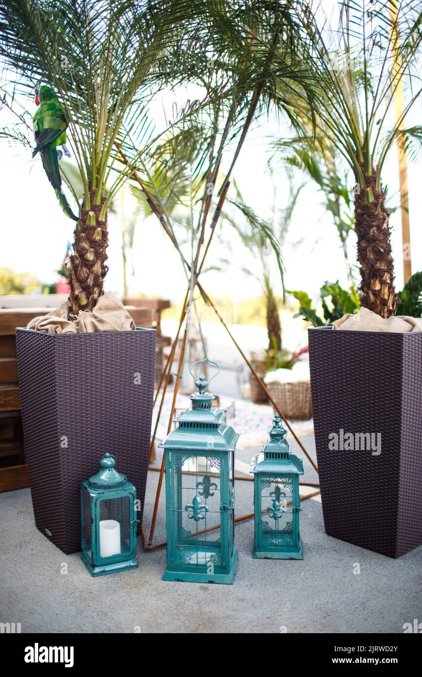 Area foto decorata in occasione di una festa di nozze Foto Stock