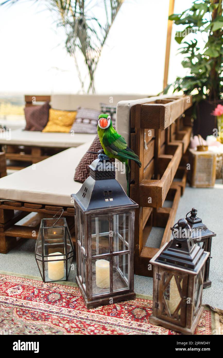 Area foto decorata in occasione di una festa di nozze Foto Stock