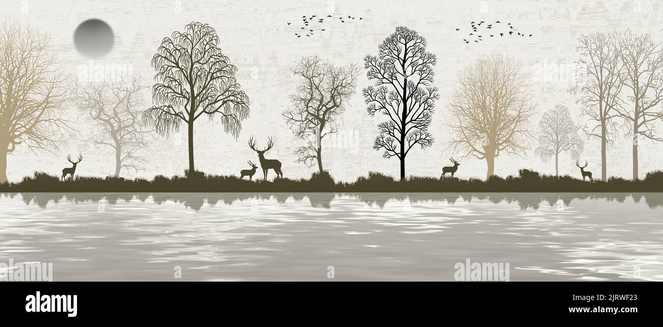 3D moderno piano arte murale carta da parati paesaggio con giungla, sfondo foresta. Cervi, alberi di Natale in pittura leggera sfondo acqua Foto Stock