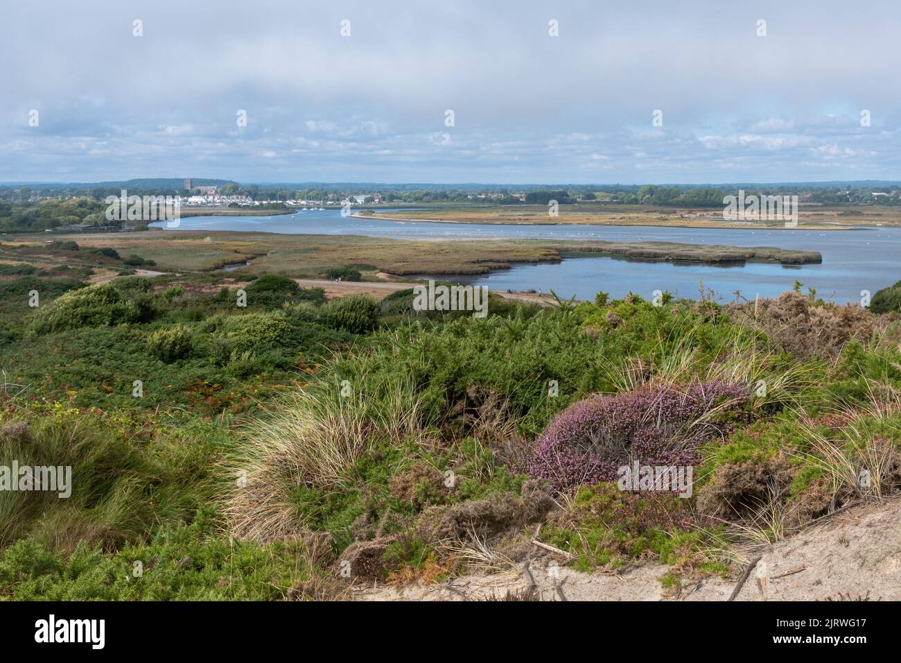 Hengistbury Head, Dorset, Inghilterra, Regno Unito, vista estiva sul brughiera fino al porto di Christchurch Foto Stock