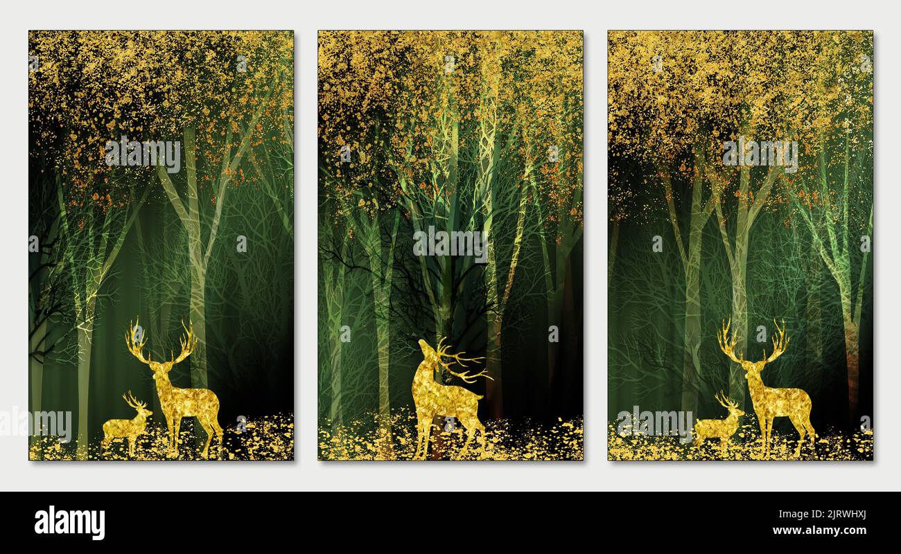 3d art decor carta da parati paesaggio forestale. alberi d'oro e cervi su sfondo verde scuro Foto Stock