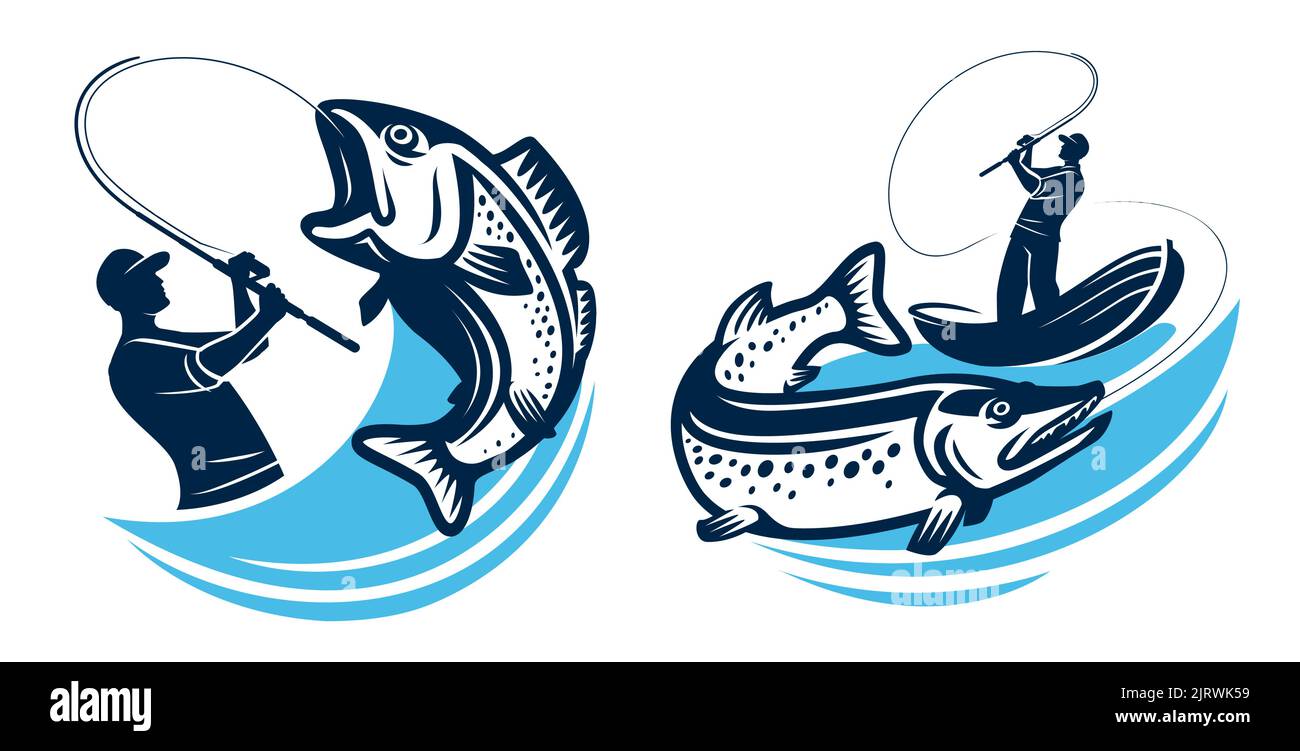 Emblema o badge da pesca. Pescatore cattura grandi pesci su asta di filatura. Logo angling isolato. Illustrazione vettoriale Illustrazione Vettoriale
