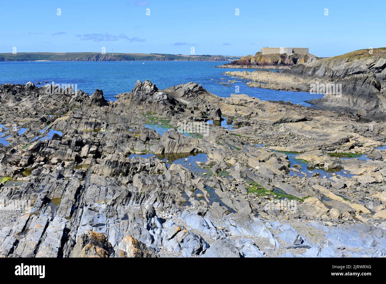 Sperone roccioso e Thorne Island, West Angle Bay, Pembrokeshire, Galles Foto Stock