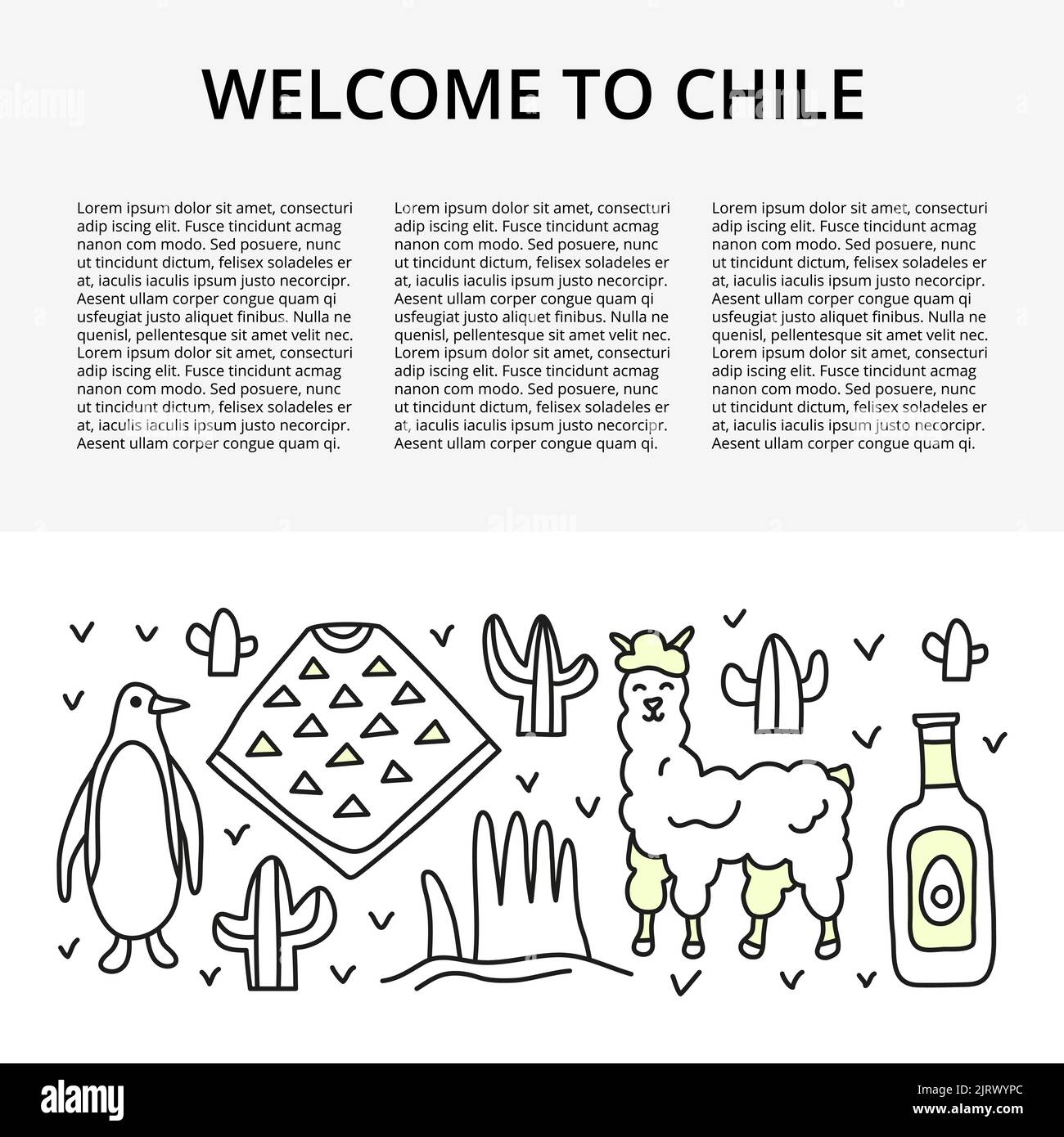Modello di articolo con spazio per testo e doodle delineare le icone del Cile tra cui pinguino, poncho, alpaca, mano gigante nel deserto di atacama, olio di avocado, cact Illustrazione Vettoriale
