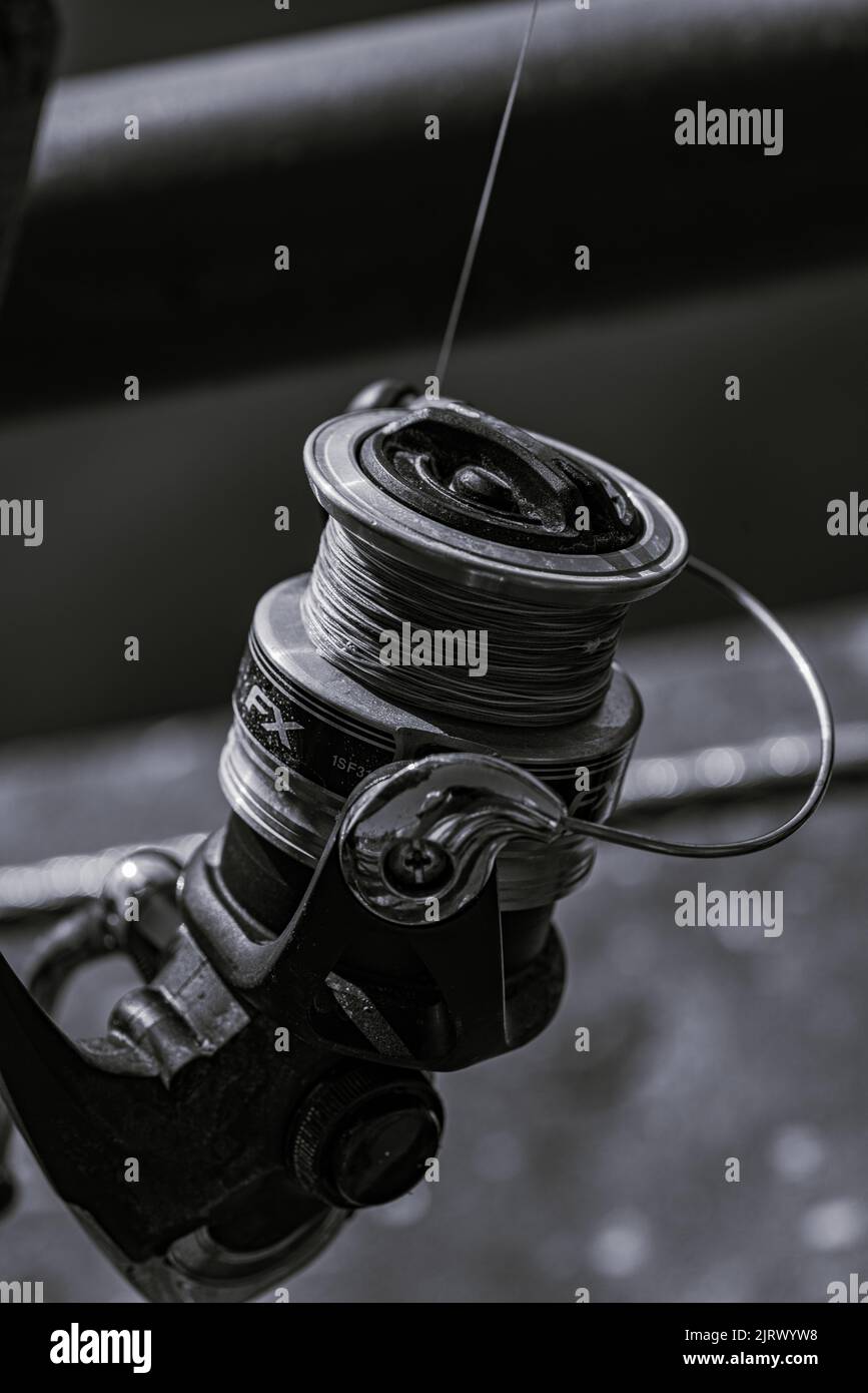 Attrezzatura da pesca B&W. Foto Stock