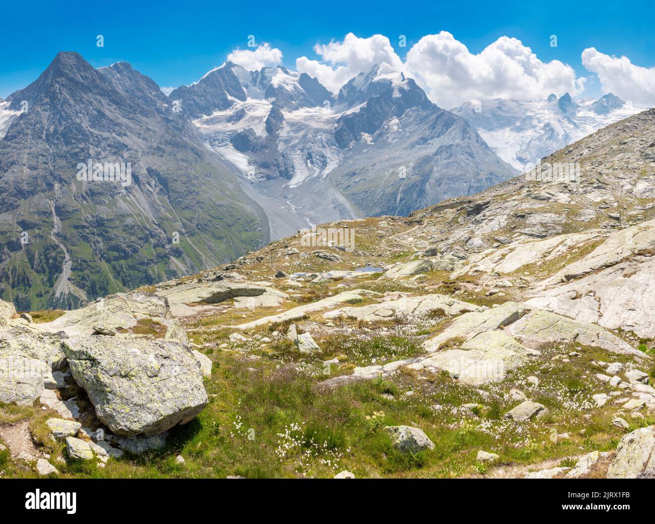 Le vette del Piz Bernina e del Piz Roseg - Svizzera. Foto Stock