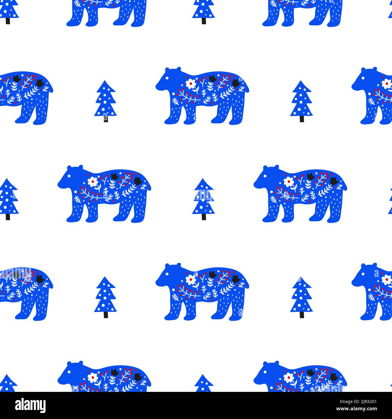 Motivo bianco senza cuciture con orsi, abeti e ornamenti nordici in stile folcloristico scandinavo. Illustrazione Vettoriale