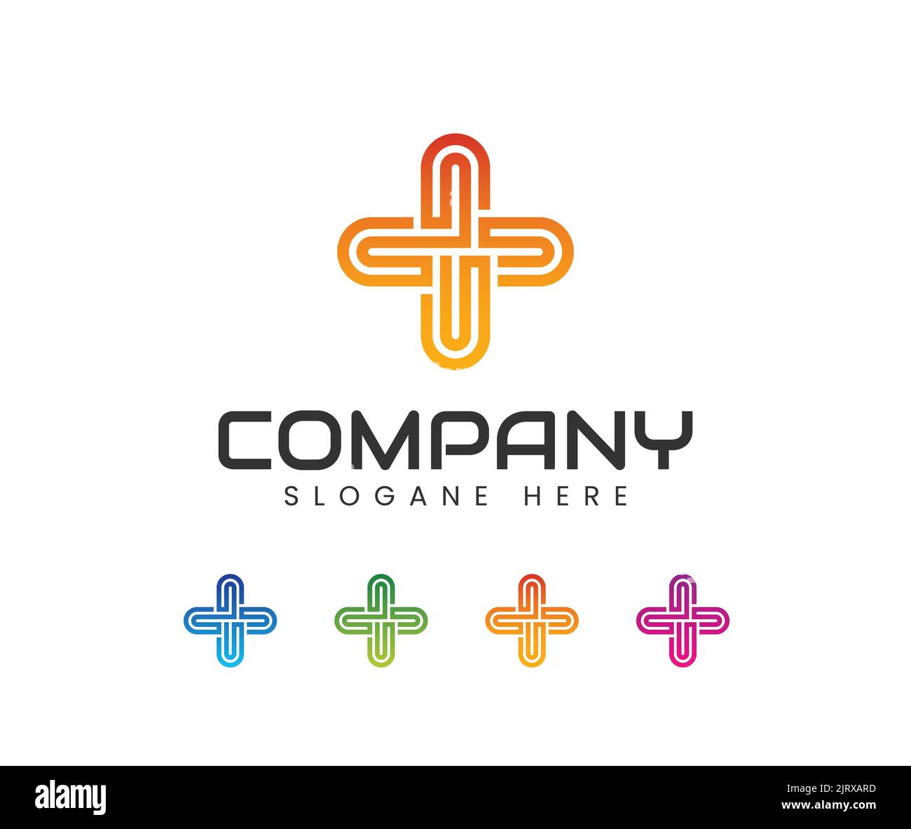 Logo Modern Healthcare Medical. Icona della salute del segno trasversale arrotondato lineare. Modello di progettazione del logo del concetto di assistenza sanitaria creativa Illustrazione Vettoriale