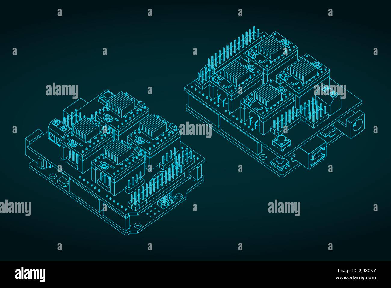 Illustrazione vettoriale stilizzata di progetti isometrici di Arduino uno e shield CNC Illustrazione Vettoriale