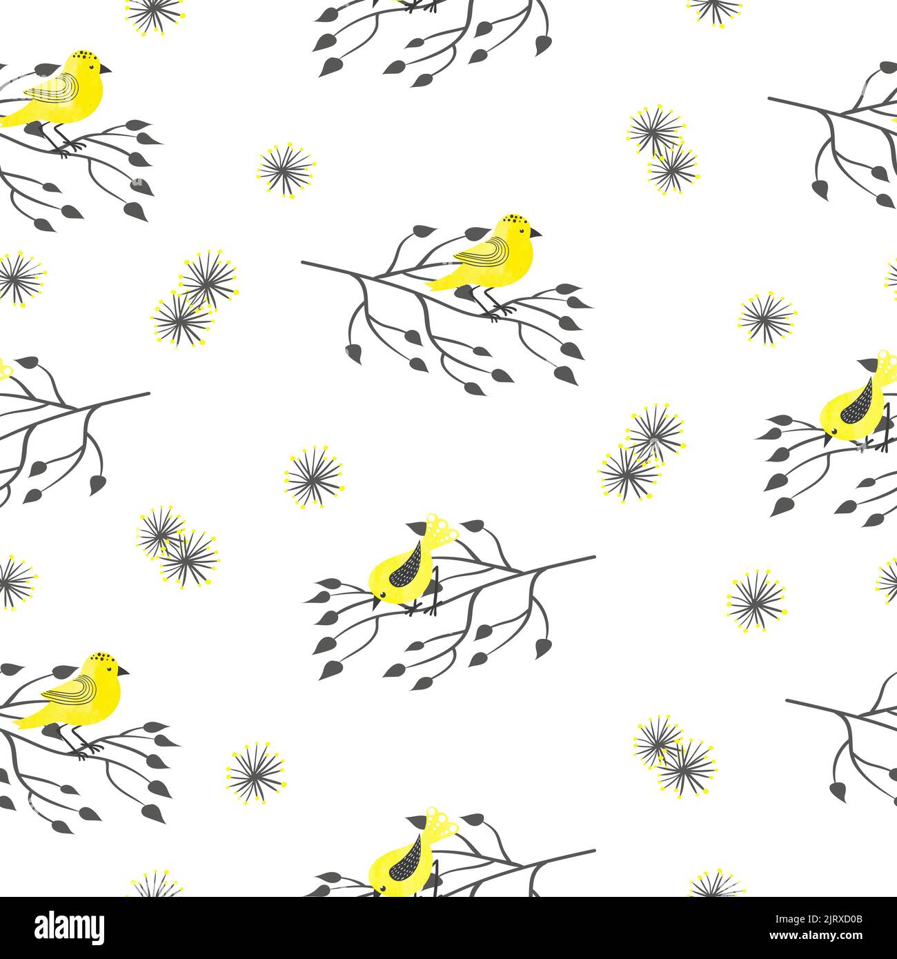 Motivo senza cuciture con simpatici uccelli acquerelli gialli e rami neri isolati su bianco. Sfondo vettoriale Illustrazione Vettoriale