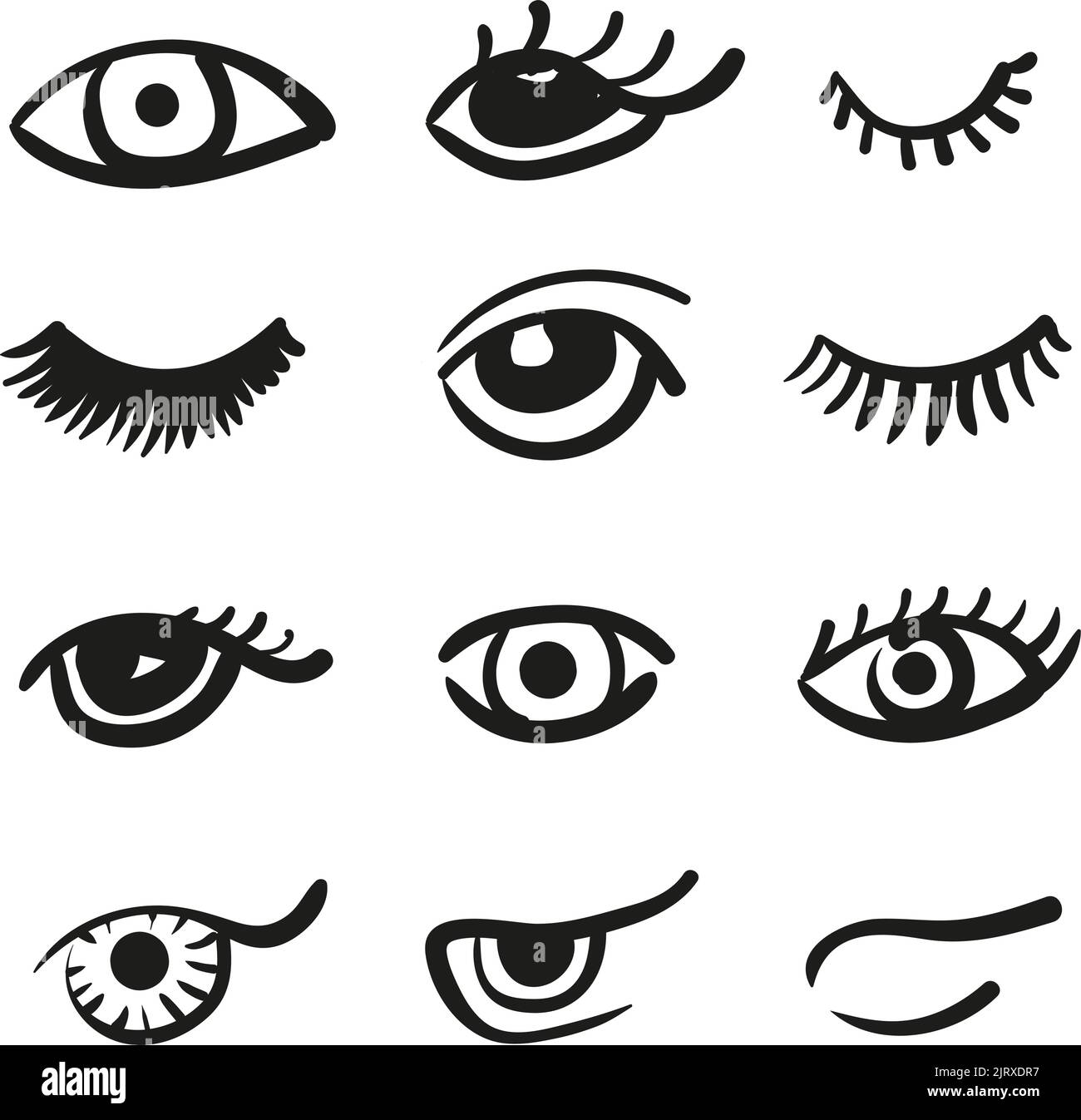 Set di occhi e ciglia. Icone vettoriali in bianco e nero Illustrazione Vettoriale