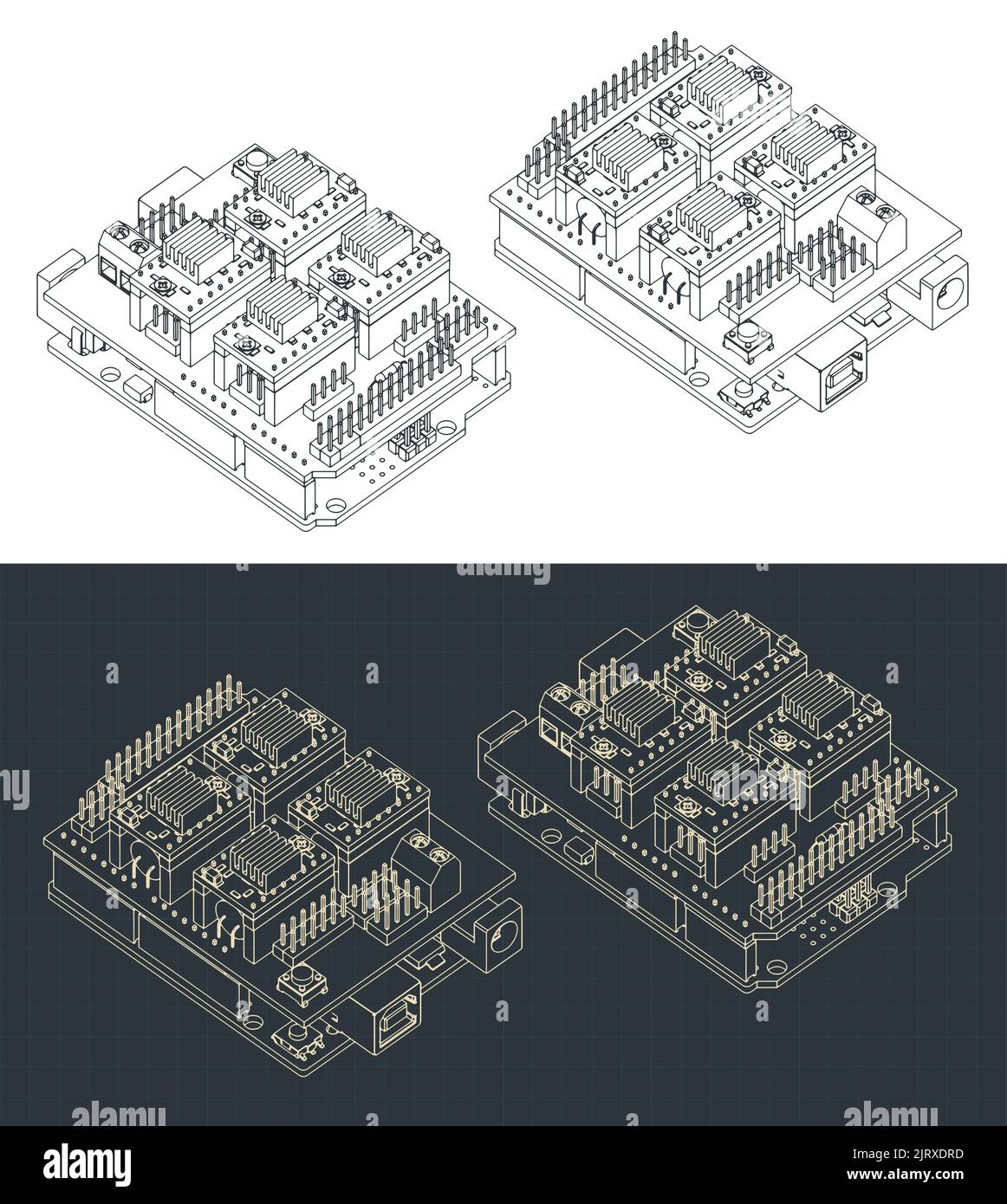 Illustrazione vettoriale stilizzata di progetti isometrici di Arduino uno e shield CNC Illustrazione Vettoriale