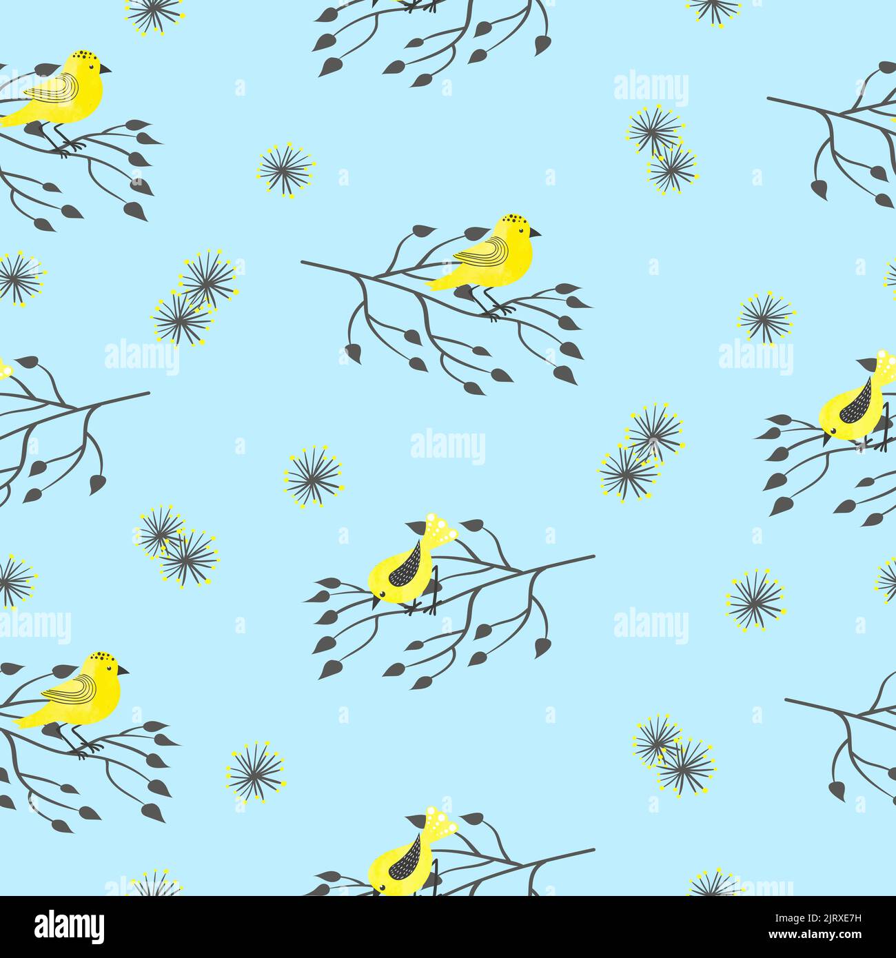 Motivo senza cuciture con simpatici uccelli acquerelli gialli e rami neri isolati su bianco. Sfondo vettoriale Illustrazione Vettoriale