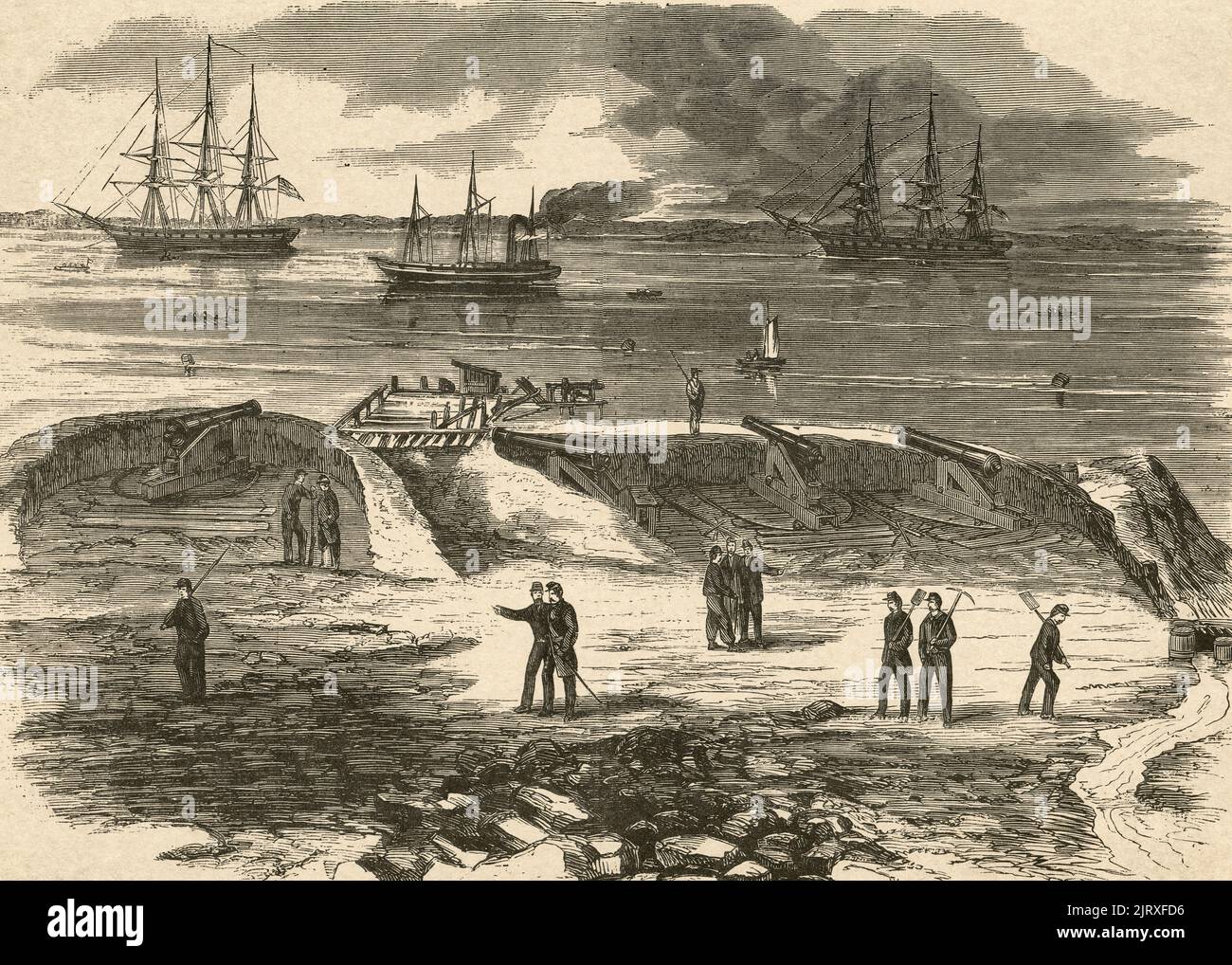 Newport News Battery Before the Battle of Hampton Roads, American Civil War, 1862 Foto Stock