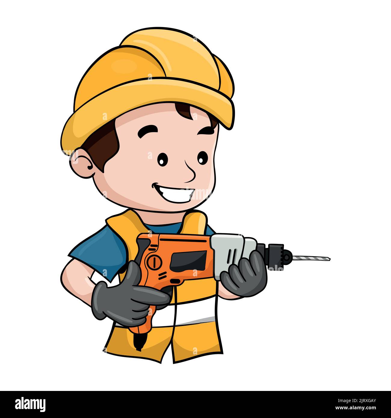 Disegno di cartoni animati del lavoratore con il suo casco di sicurezza che aziona un trapano. Costruzione industriale o Falegnameria operaio Illustrazione Vettoriale
