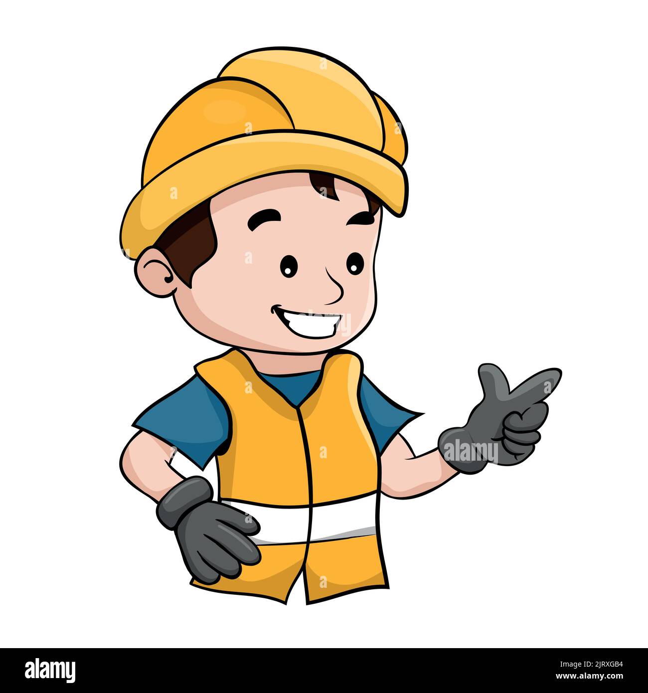 Disegno di cartone animato di lavoratore con il suo casco di sicurezza. Costruzione industriale o lavoratore minerario Illustrazione Vettoriale