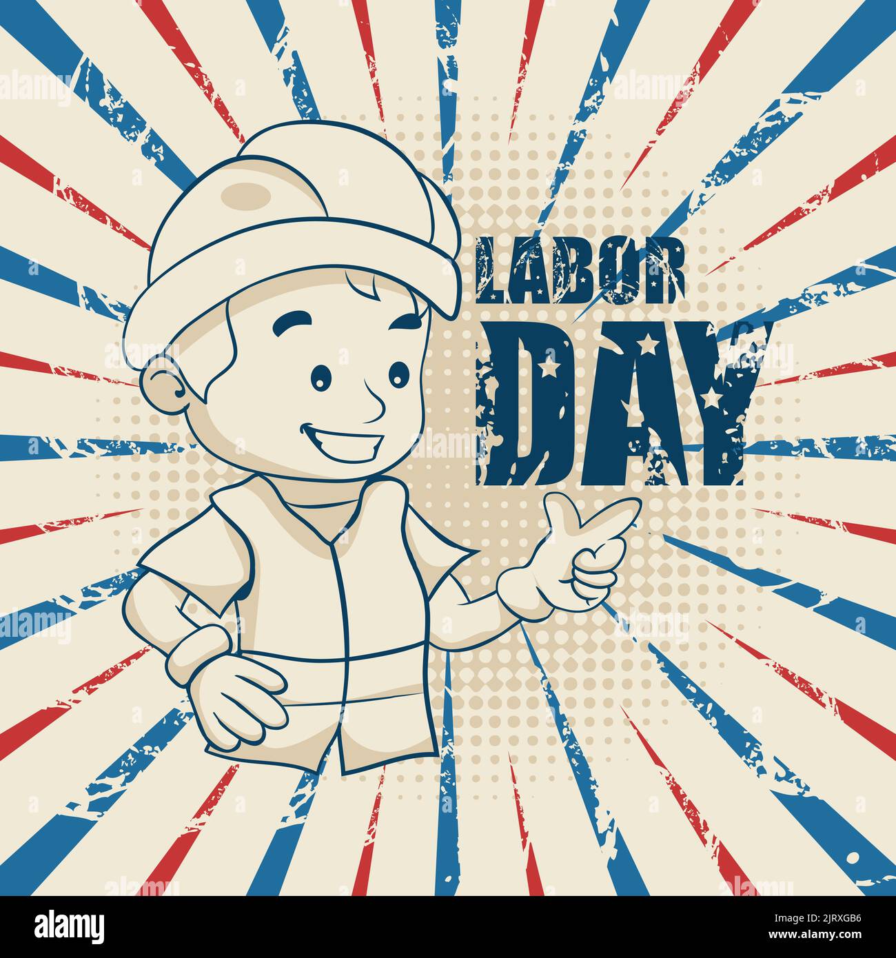 Carta vintage Happy Labor Day con i colori della bandiera americana con il lavoratore del catoon con il suo casco di sicurezza Illustrazione Vettoriale