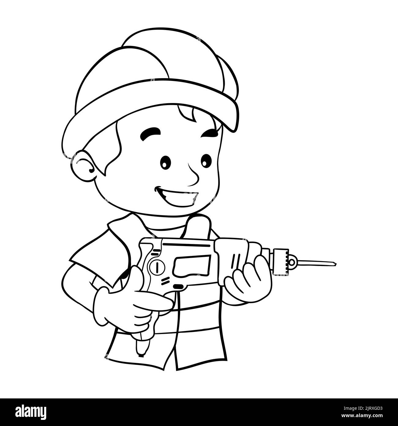 Disegno di cartoni animati del lavoratore con il suo casco di sicurezza che aziona un trapano. Lavoratore di costruzione industriale o carpenteria. Pagina da colorare Illustrazione Vettoriale