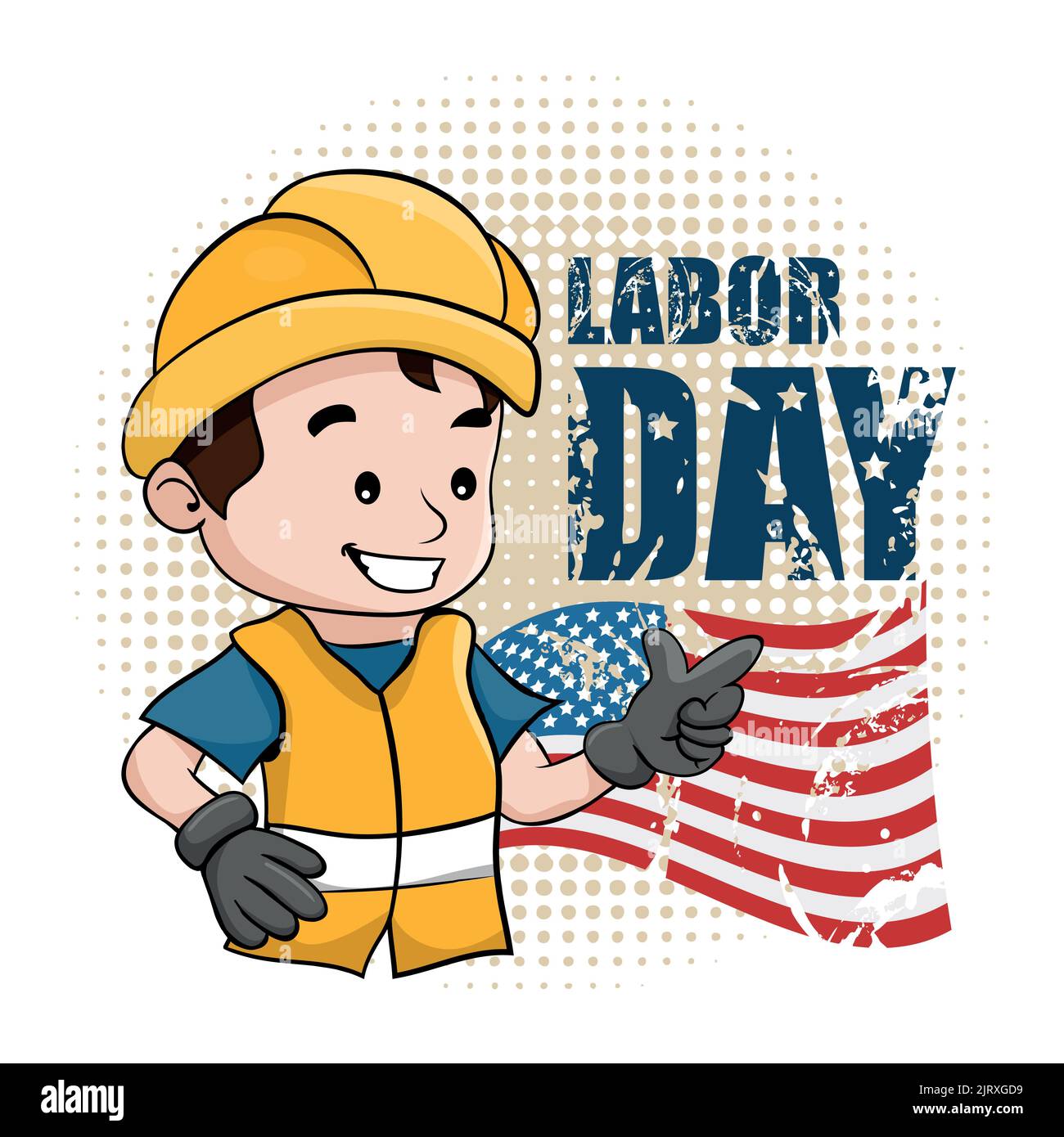 Scheda vintage Happy Labor Day con bandiera degli stati uniti e un operatore di catoon con il suo casco di sicurezza Illustrazione Vettoriale