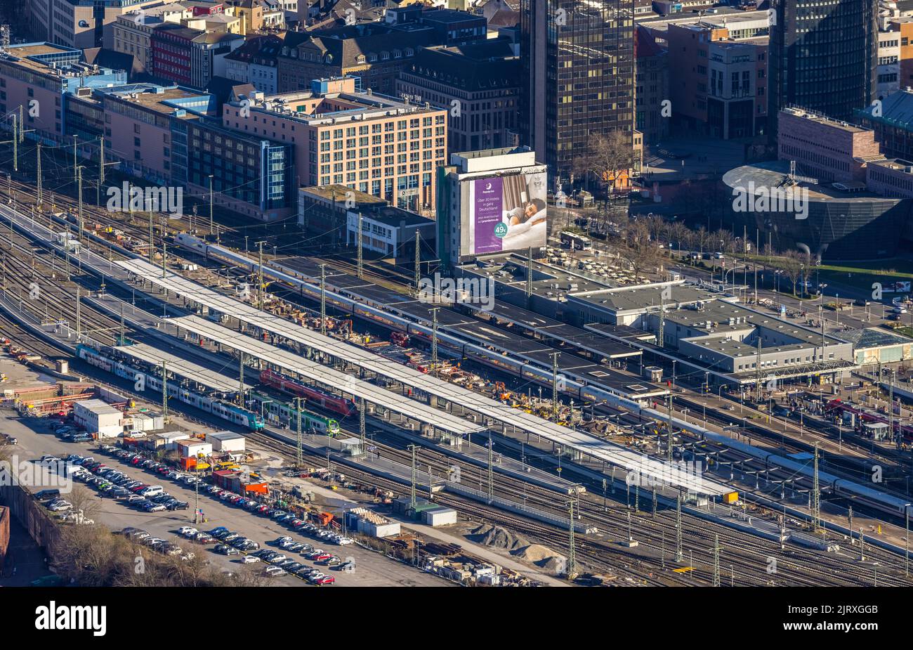 Vista aerea, stazione principale di Dortmund con rinnovo della piattaforma del cantiere, Città, Dortmund, zona della Ruhr, Renania settentrionale-Vestfalia, Germania, binari ferroviari Foto Stock