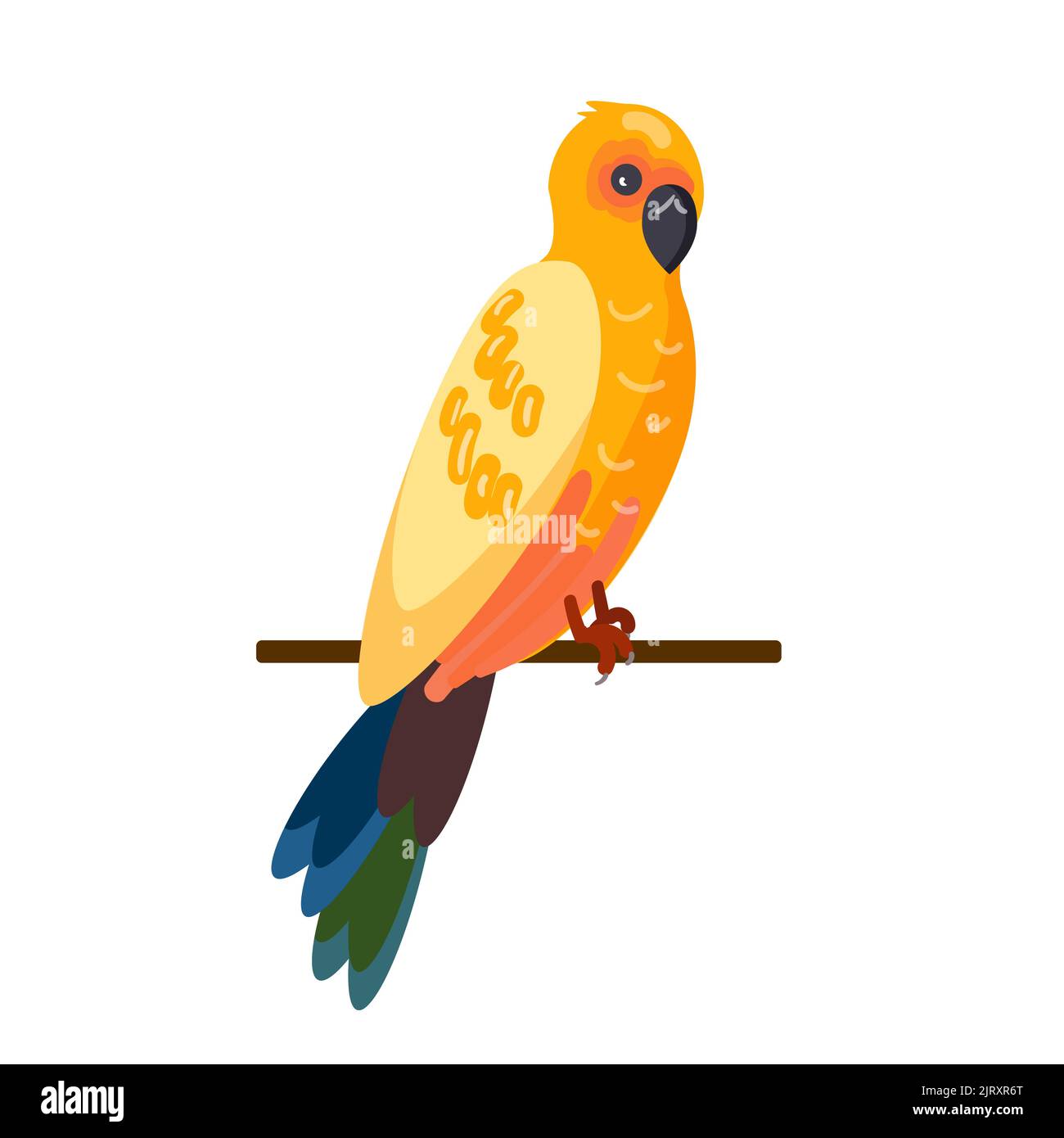 Pappagallo siede su un palo. Uccello su un palo. Illustrazione isolata su sfondo bianco. Stile cartone animato. Illustrazione vettoriale. Illustrazione Vettoriale