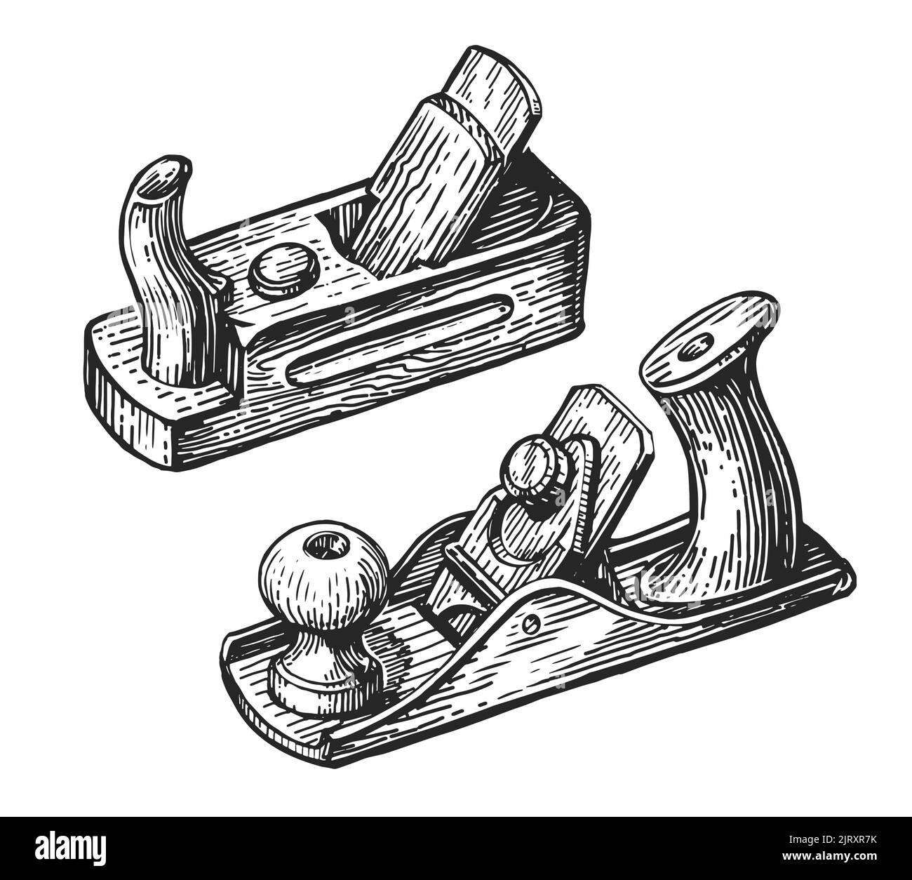Attrezzi per la lavorazione del legno. Piallatrice in legno per Falegnameria, disegno disegnato a mano. Concetto di officina di Falegnameria. Illustrazione vettoriale vintage Illustrazione Vettoriale