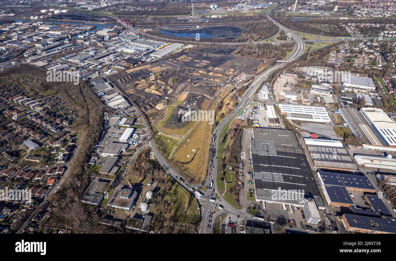 Vista aerea, porto della città e nuova zona industriale Freiheit Emscher, Gladbecker Straße e Daniel-Eckhardt-Straße, Essen-Nord nel quartiere di Vogelheim Foto Stock