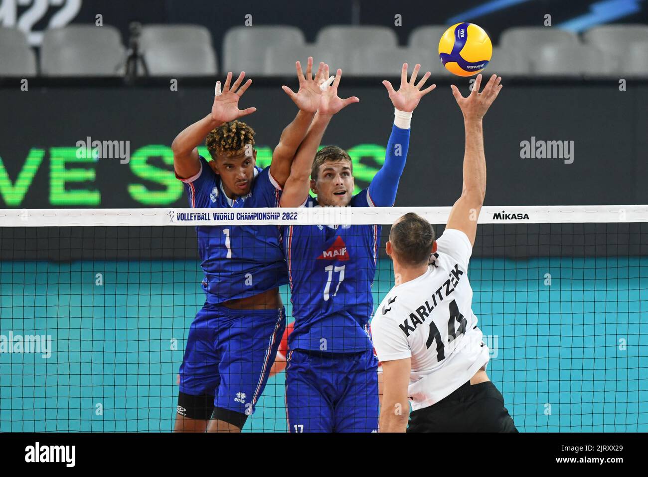 Barthélémy Chinenyeze, Trevor Clevenot (Francia); Moritz Karlitzek (Germania). Campionato del mondo di pallavolo 2022. Foto Stock