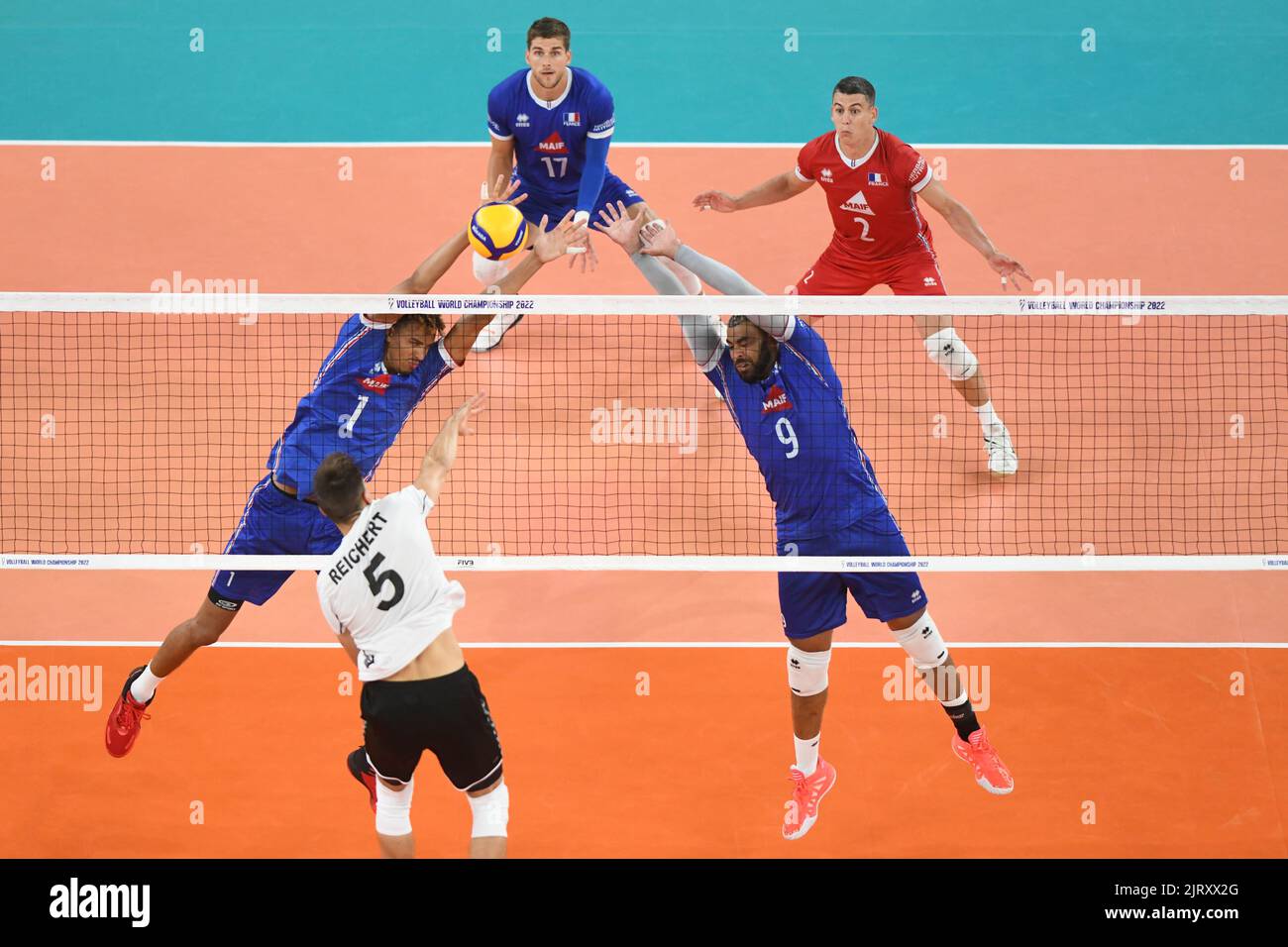 Barthélémy Chinenyeze, Earving Ngapeth (Francia); Moritz Reichert (Germania). Campionato del mondo di pallavolo 2022. Foto Stock