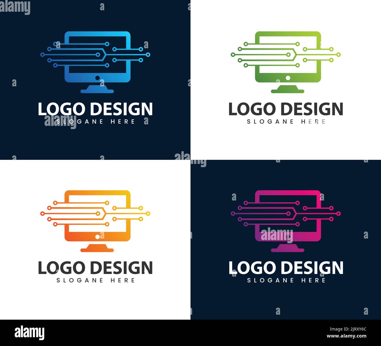 Modelli di logo per la tecnologia informatica, modelli di logo per i servizi informatici, ispirazione per il design di logo per l'idea tecnologica informatica. Illustrazione Vettoriale