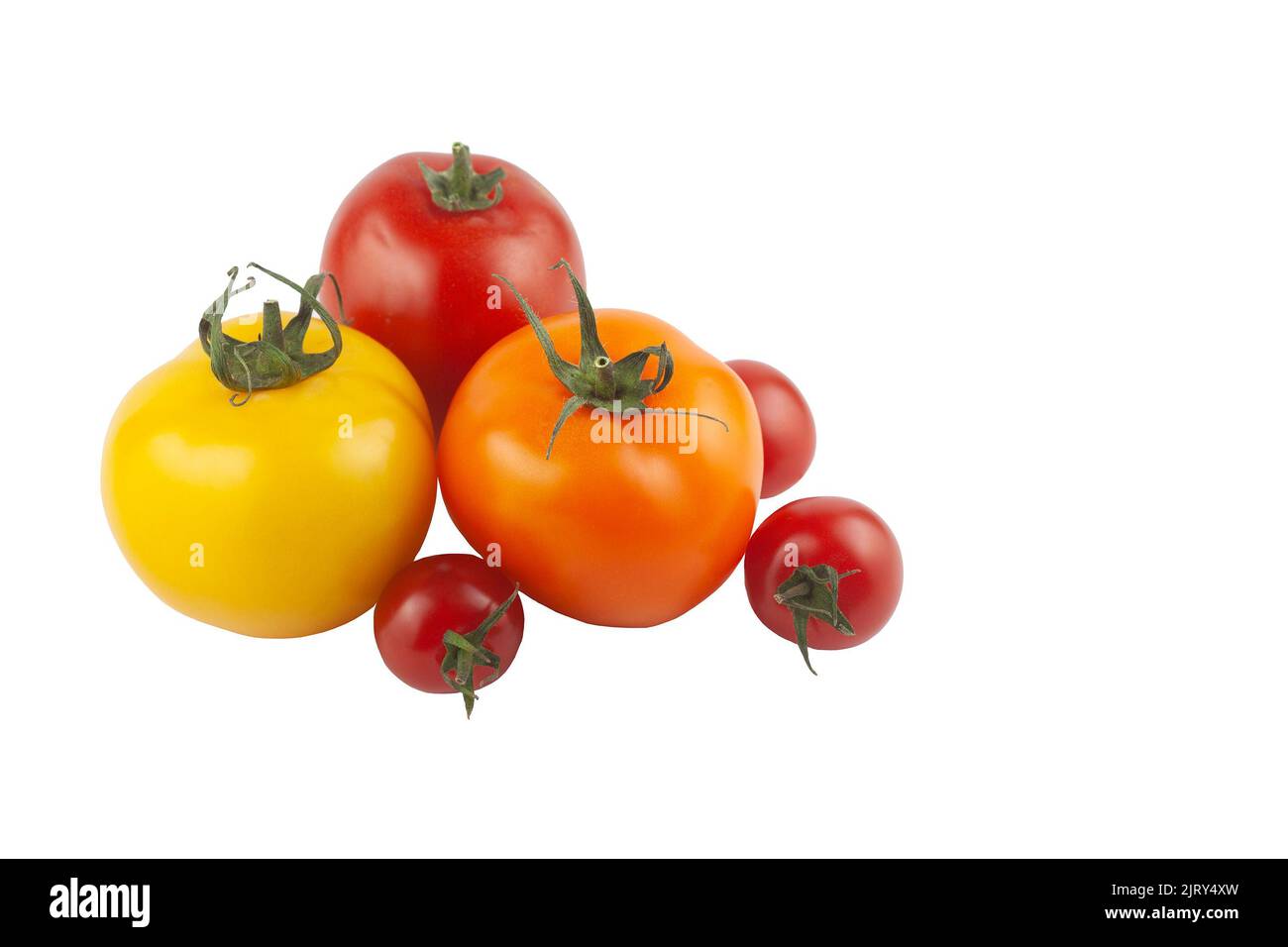 Sei pomodori freschi biologici tagliati su sfondo bianco. Varietà di misure e colori: Rosso, giallo e arancione Foto Stock