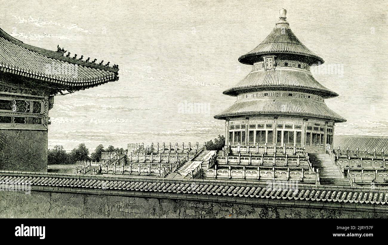 Il sottotitolo di questa mappa tratto dai Viaggi di Marco Polo Vol i, tradotto da Henry Yule, recita: “Grande Tempio del Paradiso – Pechino”. Il Tempio del Paradiso è un complesso imperiale di edifici religiosi situato nella parte sud-orientale del centro di Pechino. Il complesso è stato visitato dagli imperatori delle dinastie Ming e Qing per cerimonie annuali di preghiera al Cielo per una buona messe. Marco Polo era un viaggiatore veneziano che lasciò Venezia, Italia, con il padre Niccolo e lo zio Maffeo nel 1271. Arrivò in Cina nel 1275, dove Kublai Khan ebbe la sua corte, e tornò a casa nel 1294. Si noti che la lettera c Foto Stock