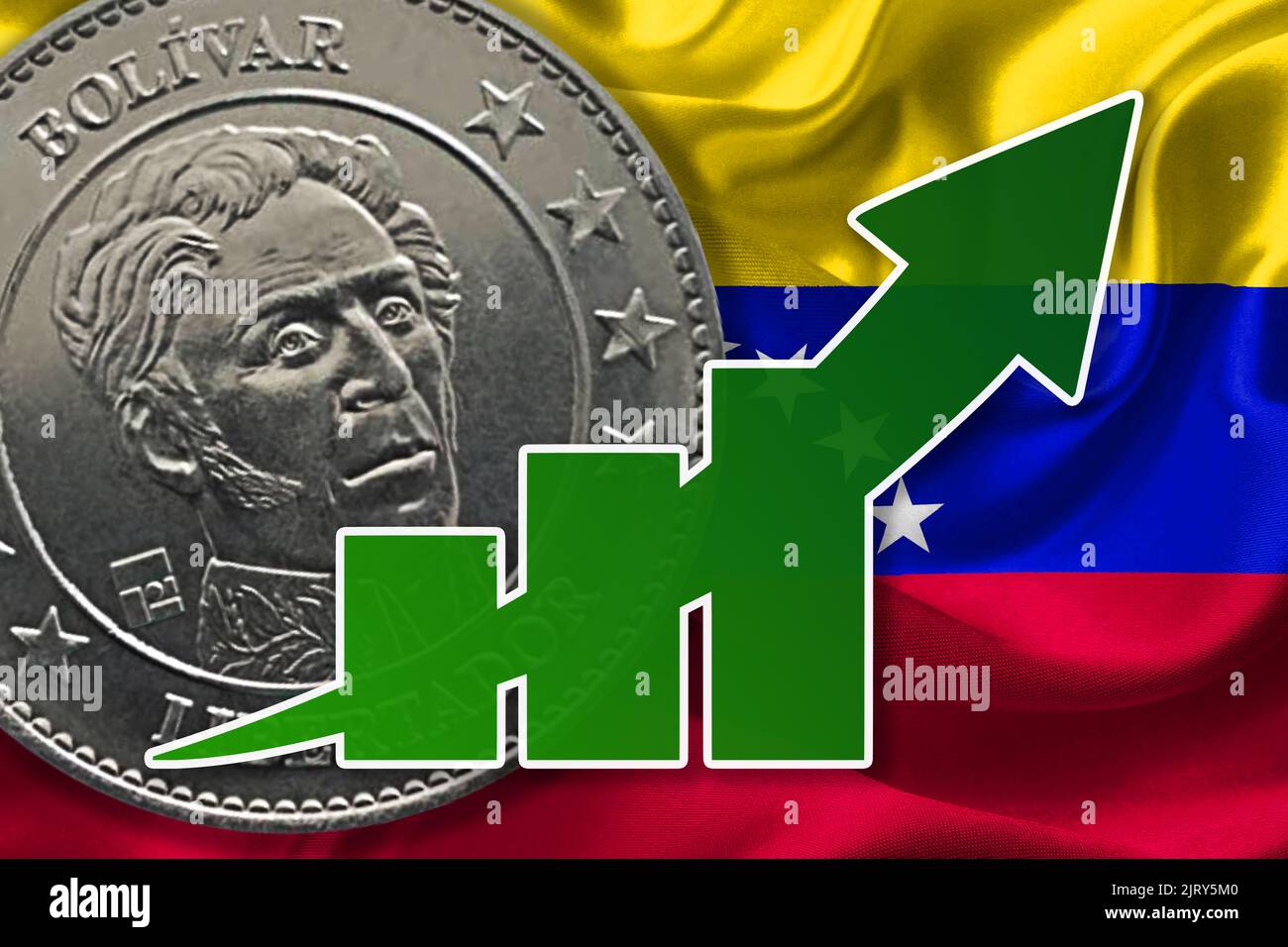Grafico economico - freccia su, moneta da Bolívar e bandiera Venezuela (denaro, finanza, affari, inflazione, crsis) Foto Stock