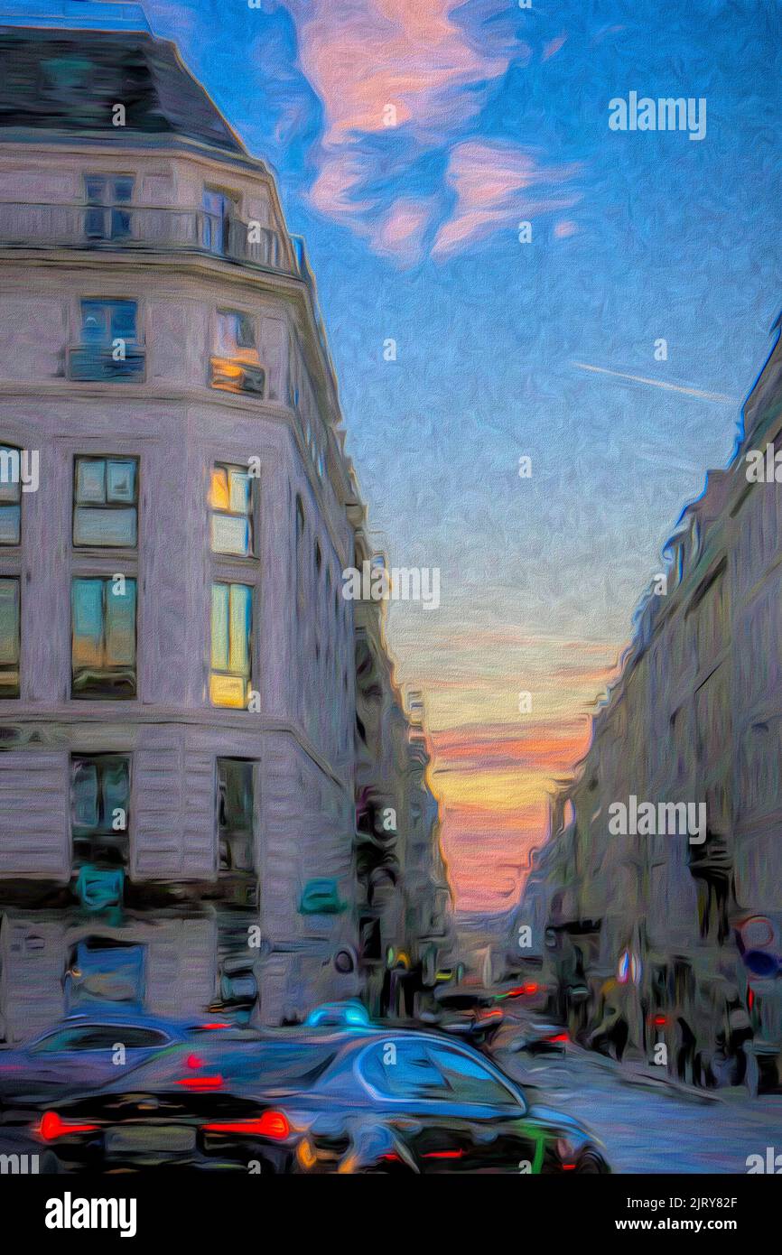 Illustrazione della scena urbana di Parigi al tramonto Foto Stock