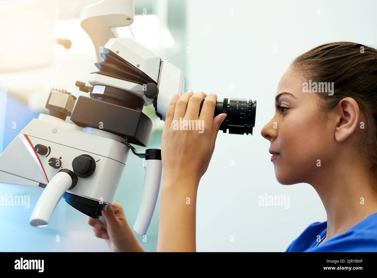 Campioni in esame: Un giovane patologo che guarda i campioni al microscopio. Foto Stock