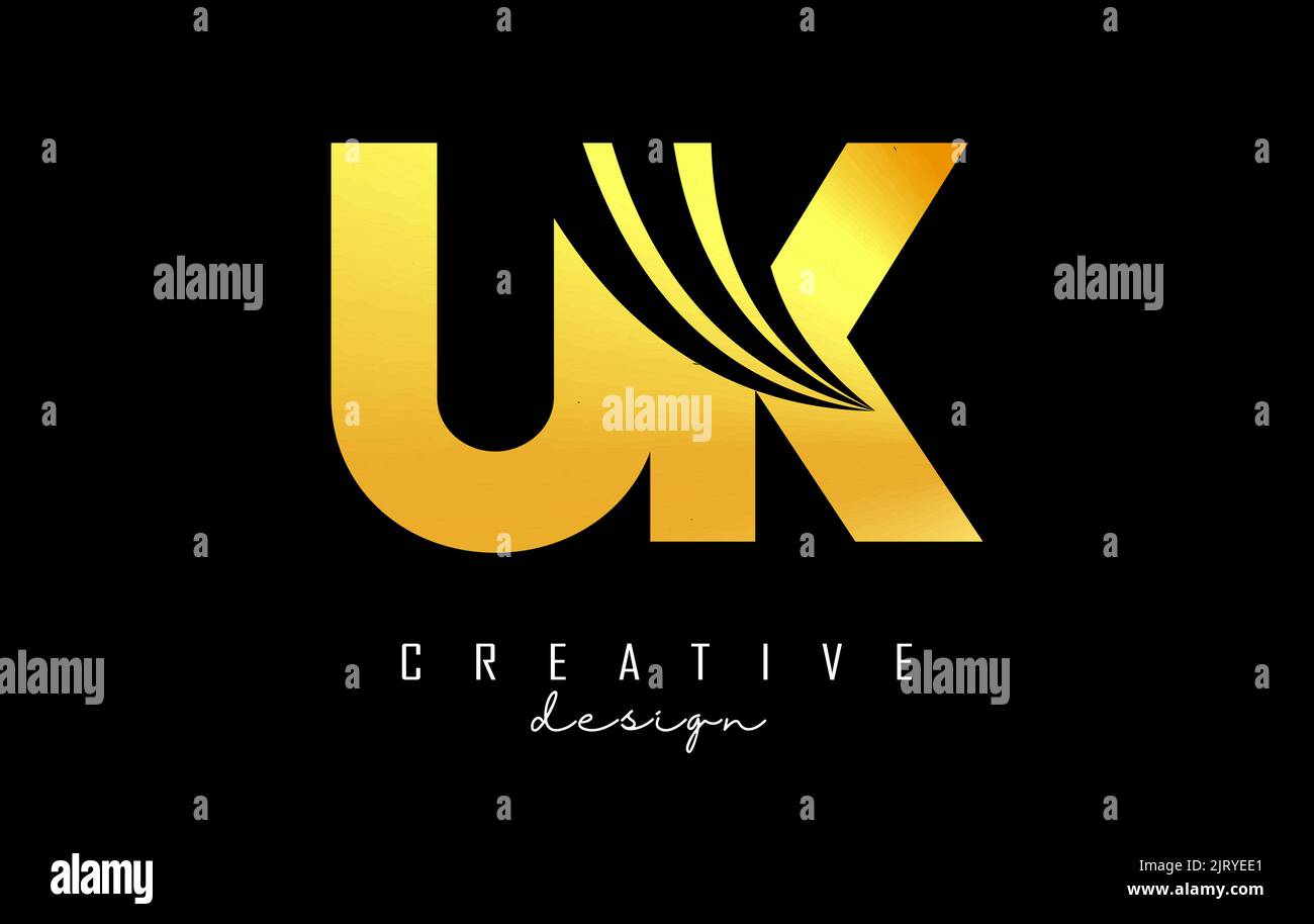 Lettera d'oro creativa UK u k logo con linee leader e design concetto di strada. Lettere con disegno geometrico. Illustrazione vettoriale con lettera e crea Illustrazione Vettoriale