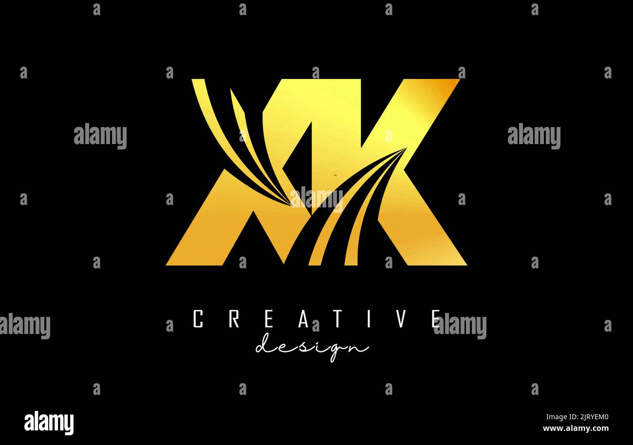 Logo XK x k con lettere d'oro creative con linee di punta e design del concetto stradale. Lettere con disegno geometrico. Illustrazione vettoriale con lettera e creati Illustrazione Vettoriale