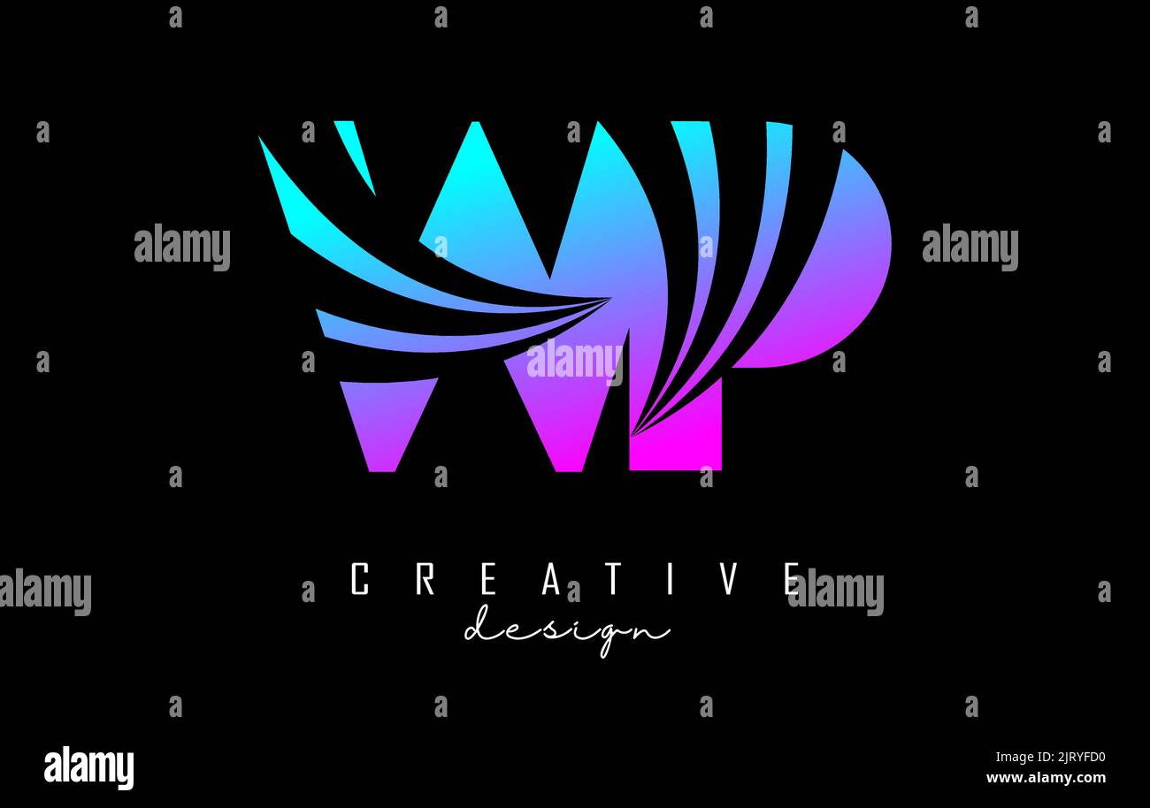 Creativo colore rosa e blu lettera WP w p logo con linee leader e design concept stradale. Lettere con disegno geometrico. Illustrazione vettoriale con Illustrazione Vettoriale