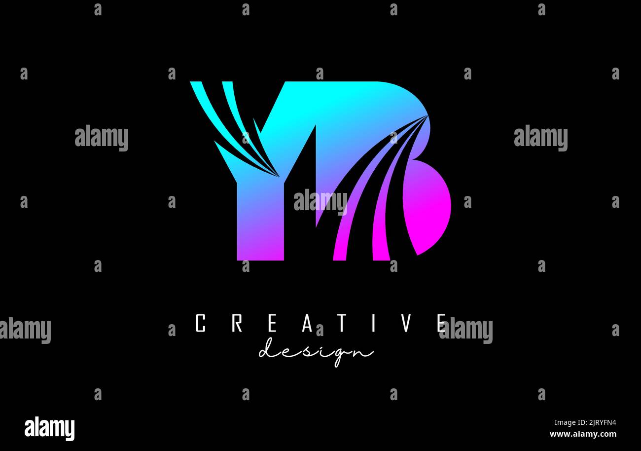 Creativo colorato rosa e blu lettera YB y b logo con linee leader e design concetto di strada. Lettere con disegno geometrico. Illustrazione vettoriale con Illustrazione Vettoriale