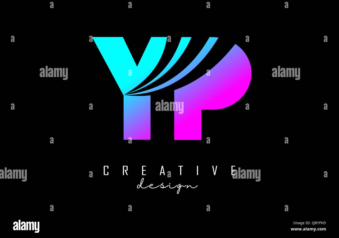 Creativo logo YP y p con lettere rosa e blu con linee di punta e design di concetto stradale. Lettere con disegno geometrico. Illustrazione vettoriale con Illustrazione Vettoriale